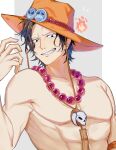  1boy black_hair elbow_pads fire freckles gunjo_shizuko hat highres jewelry looking_at_viewer male_focus necklace one_piece orange_hat pearl_necklace portgas_d._ace short_hair single_elbow_pad smile solo topless_male twitter_username upper_body 