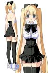  1girl 2000s_(style) :&lt; backless_shirt black_bow black_bowtie black_skirt black_thighhighs blonde_hair blue_eyes bow bowtie center_frills closed_mouth collared_shirt colored_eyelashes faux_retro_artstyle frilled_skirt frills hair_bow high-waist_skirt highres iniooooo long_hair looking_at_viewer multiple_views original shirt shoes simple_background skirt sleeveless sleeveless_shirt sneakers thighhighs twintails very_long_hair white_background white_shirt 