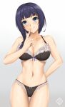  1girl alternate_costume arcie_albano arm_behind_back artist_logo asaka_karin bare_shoulders black_bra black_hair black_panties blue_eyes bra breasts cleavage collarbone commentary_request cowboy_shot finger_to_mouth gradient_background highres large_breasts logo long_hair love_live! love_live!_nijigasaki_high_school_idol_club medium_hair navel panties smile solo stomach tongue tongue_out underwear underwear_only 
