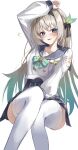  1girl absurdres black_hairband black_ribbon blue_sailor_collar blue_skirt blush bow bowtie buttons closed_mouth collared_shirt commentary double-breasted firefly_(honkai:_star_rail) firefly_(spring_missive)_(honkai:_star_rail) gradient_hair green_bow green_bowtie green_pupils grey_hair hair_between_eyes hair_intakes hair_ribbon hairband highres honkai:_star_rail honkai_(series) kimae long_hair long_sleeves multicolored_eyes multicolored_hair pleated_skirt ribbon sailor_collar shirt simple_background skirt smile solo sweatdrop thighhighs two-tone_eyes white_background white_shirt white_sleeves white_thighhighs 