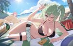  4girls absurdres aokumo_rin arm_rest arm_up ball bare_shoulders basket beach beach_mat beachball bikini bikini_under_skirt black_bikini blue_eyes blue_sky bottle bread breasts buried cleavage closed_eyes cloud collarbone commentary cone_hair_bun day double_bun food fruit green_eyes green_hair hair_between_eyes hair_bun hanako_nana highres korean_commentary large_breasts lens_flare long_hair looking_at_viewer lotion lying microskirt mountainous_horizon multicolored_hair multiple_girls nail_polish navel on_back on_side one_eye_closed open_mouth outdoors palm_tree partially_buried pink_hair pink_nails pleated_skirt sand skirt sky smile stellive stomach streaked_hair sun sunlight sunscreen swimsuit tenko_shibuki thigh_strap thighs tree triangle_mouth twintails virtual_youtuber water_bottle watermelon watermelon_slice white_hair white_skirt yt9676 yuzuha_riko 