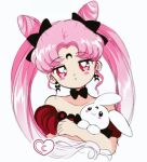  1990s_(style) 1girl animal bad_id bad_twitter_id bare_arms bare_shoulders bishoujo_senshi_sailor_moon black_bow black_bowtie black_lady_(sailor_moon) bored bow bow_choker bow_earrings bowtie bright_pupils choker collarbone commentary cone_hair_bun crescent crescent_earrings crescent_facial_mark cropped_torso crossed_arms dot_nose double_bun dress earrings english_commentary eyelashes facial_mark faux_retro_artstyle forehead_mark hair_bow hair_bun head_tilt heart heart_in_eye highres holding holding_animal holding_rabbit honeymoonpetal jewelry jitome light_blush lipstick long_hair looking_at_viewer makeup off-shoulder_dress off_shoulder official_style parted_bangs parted_lips pink_hair puffy_short_sleeves puffy_sleeves rabbit red_dress red_eyes red_lips retro_artstyle short_sleeves simple_background solo symbol_in_eye twintails very_long_hair watermark white_background white_pupils 