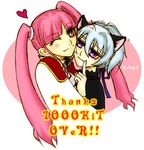  2girls animal_ears brown_eyes cat_ears darker_than_black female grey_hair hair_ribbon heart kayanuma_kiko kiko multiple_girls pink_hair purple_eyes ribbon text twintails yin 