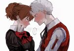  ... 1boy 1girl black_jacket blush bow bowtie breasts brown_hair collared_shirt commentary_request forehead-to-forehead from_side gekkoukan_high_school_uniform grey_eyes grey_hair heads_together hetero highres jacket or_i_i parted_lips persona persona_3 persona_3_portable profile red_bow red_bowtie red_sweater_vest sanada_akihiko school_uniform shiomi_kotone shirt simple_background spoken_ellipsis sweat sweater sweater_vest upper_body white_background white_shirt 