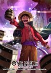  1boy ^_^ adachi_yousuke black_coat black_hair closed_eyes coat coat_on_shoulders commentary_request copyright_name cup hat holding holding_cup monkey_d._luffy official_art one_piece one_piece_card_game open_mouth orange_shorts purple_sash red_shirt sash scar scar_on_chest scar_on_face shirt short_hair shorts straw_hat thousand_sunny 
