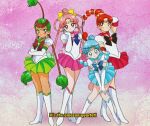  1990s_(style) 4girls annoyed aqua_eyes arm_behind_head back_bow bad_id bad_twitter_id bishoujo_senshi_sailor_moon black_bow black_bowtie blue_brooch blue_choker blue_hair blue_sailor_collar blue_skirt boots bow bowtie bright_pupils brooch brown_bow brown_bowtie brown_headband cerecere_(sailor_moon) choker circlet closed_mouth commentary crossed_arms curious dot_nose earrings elbow_gloves english_commentary english_text expressionless eyelashes fake_screenshot faux_retro_artstyle film_grain full_body gloves green_bow green_brooch green_choker green_eyes green_hair green_sailor_collar green_skirt hair_bow hair_rings hand_on_own_cheek hand_on_own_face hands_on_own_knee happy headband height_difference high_heel_boots high_heels honeymoonpetal jewelry junjun_(sailor_moon) knee_boots lace_background leaning_forward leotard light_blush light_frown long_hair looking_at_viewer looking_to_the_side magical_girl miniskirt multiple_girls official_style pale_skin pallapalla_(sailor_moon) parted_bangs parted_lips pink_background pink_bow pink_brooch pink_choker pink_eyes pink_hair pink_sailor_collar pink_shirt pleated_skirt puffy_short_sleeves puffy_sleeves red_brooch red_choker red_eyes red_hair red_sailor_collar red_skirt retro_artstyle sailor_collar shadow shirt short_sleeves signature skirt sparkle standing star_brooch stud_earrings tan tsurime updo upturned_eyes very_long_hair vesves_(sailor_moon) white_boots white_gloves white_leotard white_pupils wide-eyed yellow_bow 
