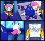  1boy 1girl annoyed bat_wings blue_eyes blush_stickers clipboard closed_eyes drawing_(object) gloves hair_ornament hairclip hetero highres holding holding_clipboard holding_pen junebird24 kirby:_planet_robobot kirby_(series) kiss kissing_cheek mecha_knight meta_knight motion_lines pen restrained susie_(kirby) white_gloves wings 