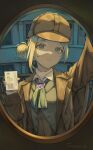  1girl absurdres alternate_costume arm_up bow bowtie brown_coat brown_hat coat deerstalker green_bow green_bowtie grey_eyes grey_hair grey_jacket hair_bun hands_up hat highres holding_id_card jacket peephole pov_peephole reverse:1999 shirt short_hair single_side_bun solo tongshan_treeless upper_body vertin_(reverse:1999) white_shirt 
