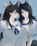  2girls animal_ears bang_dream! bang_dream!_it&#039;s_mygo!!!!! black_hair blackfangs blue_background blue_eyes blue_neckerchief blue_shirt blush breasts closed_mouth commentary hanasakigawa_school_uniform highres holding_carton kemonomimi_mode large_breasts long_hair looking_at_viewer multiple_girls neckerchief open_mouth purple_eyes sailor_collar school_uniform serafuku shiina_taki shirt skirt tail white_sailor_collar white_skirt wolf_ears wolf_girl wolf_tail yahata_umiri 