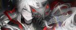  1girl animal_ears arknights black_eyeliner black_gloves black_jacket brooch commentary eyeliner gae_tteok00 gloves grey_eyes grey_hair hair_between_eyes hair_ornament hairclip highres jacket jewelry lappland_(arknights) lappland_the_decadenza_(arknights) long_hair looking_at_viewer makeup mask masquerade_mask parallel_hairclips portrait red_ribbon ribbon sidelocks smile solo symbol-only_commentary teeth very_long_hair wolf_ears wolf_girl 