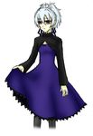  1girl darker_than_black dress female grey_hair hair_ribbon long_sleeves maroon_eyes ponytail purple_dress purple_ribbon ribbon simple_background solo standing white_background yin 