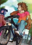 anthro bicycle blue_body blue_fur blue_hair bottomwear brown_body brown_fur canid canine canis cheek_tuft clothing denim denim_bottomwear denim_clothing domestic_dog duo earbuds electronics facial_tuft female footwear fur hair headphones hi_res jeans lgbt_pride male mammal pansexual_pride_colors pants portable_music_player pride_color_clothing pride_colors shoes smile sneakers tan_body tan_fur tuft vehicle vonboche wide_eyed wolf