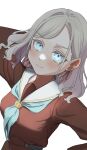  1girl aqua_neckerchief arm_up blue_eyes blush breasts brown_dress ceras_yanagida_lilienfeld closed_mouth collarbone dress grey_hair hair_ribbon hasu_no_sora_school_uniform highres large_breasts link!_like!_love_live! long_hair long_sleeves looking_at_viewer love_live! neckerchief pink_ribbon ribbon sailor_collar sailor_dress school_uniform scratching_head shade simple_background smile solo split_mouth swept_bangs upper_body virtual_youtuber w wavy_hair white_background white_sailor_collar winter_uniform wotan_(wotandesu) 