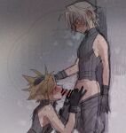  2boys absurdres against_wall bar_censor blonde_hair blush censored closed_eyes cloud_strife cum erection fellatio final_fantasy final_fantasy_vii final_fantasy_vii_ever_crisis gloved_handjob gloves green_eyes grey_hair hand_on_another&#039;s_head handjob highres kneeling looking_at_another male_focus multiple_boys none_(kameko227) oral penis sephiroth sephiroth_(ever_crisis) sex short_hair sketch sleeveless sleeveless_turtleneck slit_pupils spiked_hair sweat turtleneck veins veiny_penis watermark yaoi 