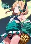  1girl animal_ear_headphones animal_ears artist_name black_panties blonde_hair blue_archive bow breasts cat_ear_headphones covered_nipples fake_animal_ears green_bow green_eyes green_halo hair_bow halo headphones highres holding holding_pom_poms looking_at_viewer midori_(blue_archive) panties pom_pom_(cheerleading) puddinghomhom short_hair small_breasts solo standing thighhighs thighs underwear white_thighhighs 