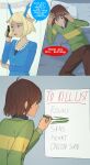 absurd_res ambiguous_gender anthro antlers blonde_hair blue_antlers blue_clothing blue_eyes blue_jacket blue_lips blue_topwear bottomwear brown_bottomwear brown_clothing brown_hair brown_pants carol_holiday clothing comic deer deltarune dialogue duo electronics english_text female gem green_clothing green_sweater green_topwear hair hi_res holding_object holding_phone horn human jacket jewelry kris_(deltarune) lips lying mammal necklace pants pearl_(gem) pearl_necklace phone red_eyes seshirukun speech_bubble standing sweater text topwear under_covers undertale_(series)
