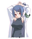  armband armpits blue_hair breasts cigarette copyright_request huge_breasts labcoat open_clothes open_shirt red_eyes sakuya_tsuitachi shirt short_hair sleeveless sleeveless_turtleneck smoking solo translated turtleneck 