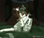 2025 absurd_res anthro bound breasts cloven_hooves digital_media_(artwork) elena_(psychorodent) female front_view fur genitals green_eyes green_horn hair hi_res hooves horn looking_at_viewer nude nude_anthro nude_female on_ground outside psychorodent sitting sitting_on_ground smile snatyr solo tail vulva white_body white_fur white_hair white_tail