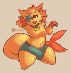 2025 4_fingers anthro asterozoan belly big_bulge biped bodily_fluids bottomwear boxers_(clothing) brown_sclera bulge cheek_tuft clothing collar collar_tag colored detailed_bulge digital_drawing_(artwork) digital_media_(artwork) domestic_cat echinoderm eyelashes facial_tuft fangs felid feline felis fin fingers fish_tail fur genital_outline gloves_(marking) green_bottomwear green_clothing hand_behind_head head_fin head_tuft hybrid kneeling konaise looking_at_hand male mammal marine markings multicolored_body open_mouth orange_body orange_fur pawpads penis_outline shaded signature soft_shading solo starfish starfish_(accessory) sweat tail teeth tongue tuft two_tone_body underwear