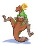 anthro artist_name biped bird_wyvern black_eyes bottomless bottomless_anthro bottomless_female breasts brown_body brown_scales capcom chest_wraps clothed clothing colored feathers featureless_crotch feet female fingers front_view full-length_portrait green_body green_feathers hi_res humanoid_feet humanoid_hands maccao midriff monster_hunter navel non-mammal_breasts open_mouth open_smile plantigrade portrait scales shaded shadow sharp_teeth simple_background small_breasts smile solo spread_legs spreading standing_on_tail tail teeth text toes tongue white_background wraps yellow_body yellow_feathers yellow_sclera yolabayola1