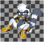 absurd_res anthro anus areola big_breasts black_areola black_clothing black_gloves black_handwear black_nipples black_nose black_vulva border bottomless breasts checkered checkered_background clothed clothing eyelashes female fingerless_gloves footwear fur genitals gloves grey_background grey_body grey_fur handwear head_tuft hi_res idw_publishing lemur looking_at_viewer mammal markings navel nipples pattern_background primate purple_eyes raised_clothing raised_topwear sega shoes simple_background sitting smile solo sonic_the_hedgehog_(comics) sonic_the_hedgehog_(idw) sonic_the_hedgehog_(series) spindasher98 spread_legs spreading strepsirrhine striped_markings striped_tail stripes tail tail_markings tangle_the_lemur topwear tuft vulva white_body white_border white_fur yellow_clothing yellow_footwear yellow_shoes yellow_topwear