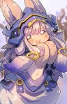  1other animal_ears bandam blush body_fur brown_fur ears_through_headwear furry hands_up helmet highres long_hair made_in_abyss nanachi_(made_in_abyss) narehate navel open_mouth other_focus outline puffy_pants rabbit_ears smile solo teeth upper_teeth_only white_hair white_outline yellow_eyes 