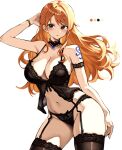  1girl absurdres arm_tattoo arm_up babydoll black_babydoll black_garter_belt black_panties black_thighhighs bracelet breasts brown_eyes cleavage cowboy_shot garter_belt highres jewelry kasumi_6 large_breasts lingerie nami_(one_piece) navel one_piece orange_hair panties simple_background solo tattoo thighhighs underwear white_background 