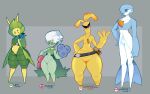 16:9 2023 alternate_color ambiguous_gender antennae_(anatomy) anthro arthropod arthropod_abdomen belt blade_arm blue_body blue_skin brown_eyes character_name colored copper_(dozighost) curvy_figure digital_drawing_(artwork) digital_media_(artwork) dozighost elemental_creature english_text exoskeleton eyeliner eyeshadow eyewear featureless_crotch fleur_(dozighost) flora_fauna flower_hands frown gardevoir generation_3_pokemon generation_4_pokemon generation_5_pokemon green_body green_skin grey_background group hair half-closed_eyes hi_res humanoid insect jasper_(dozighost) leavanny levi_(dozighost) makeup male_(lore) multicolored_body narrowed_eyes nintendo not_furry nude orange_eyes pear-shaped_figure pinup plant pokemon pokemon_(species) pose pseudo_hair roserade seductive shaded signature simple_background smile smirk standing sunglasses text thick_thighs white_body white_hair white_sclera wide_hips widescreen yellow_body yellow_eyeshadow yellow_pseudo_hair yellow_skin