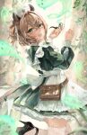  1girl :d absurdres animal_ears apron black_shoes brown_hair commentary contrast_collar crossed_bangs curtains double-parted_bangs dress english_commentary frilled_dress frills garter_straps green_dress green_eyes hair_between_eyes hair_ribbon hands_up hat high_heels highres holding holding_smoking_pipe indie_virtual_youtuber juliet_sleeves lace-trimmed_thighhighs lace_trim long_sleeves looking_at_viewer meltyrice naplings_(nimi_nightmare) nimi_nightmare nurse nurse_cap one_side_up open_mouth puffy_sleeves ribbon shoes short_hair sleeve_cuffs smile smoking_pipe solo strappy_heels tapir_ears tapir_girl teeth thighhighs upper_teeth_only virtual_youtuber waist_bag white_apron white_ribbon white_thighhighs 