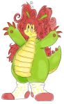 ambiguous_gender antennae_(anatomy) anthro biped blush blush_lines clothing dragon footwear footwear_only green_body hair hi_res long_hair looking_up messy_hair mostly_nude mythological_creature mythological_scalie mythology red_hair rexalogy scalie simple_background smile socks socks_only solo spiked_tail spikes spikes_(anatomy) tail white_background yellow_face
