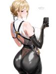 1girl absurdres alternate_breast_size arm_strap ass back_cutout black_gloves black_pants blonde_hair braid braided_bun breasts clothing_cutout commentary elbow_gloves evelyn_chevalier gloves hair_bun hair_ornament highres holding holding_phone huge_breasts igiroitsu looking_at_viewer looking_back mole mole_under_eye pants partially_fingerless_gloves phone purple_eyes selfie shirt short_hair single_elbow_glove solo tight_clothes tight_pants twitter_username white_background white_shirt zenless_zone_zero 