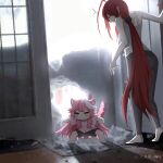  2girls ^^^ absurdres animal_ears black_pants blush_stickers chibi commentary door doormat elizabeth_rose_bloodflame english_commentary full_body grey_shorts highres hololive hololive_english jitome long_hair looking_at_another looking_down multicolored_hair multiple_girls no_mouth open_door panther_ears panther_girl panther_tail pants pensilajaib09 photo-referenced photo_background pink_hair pink_shirt ponytail raora_panthera red_hair shirt shorts snow tail two-tone_hair very_long_hair virtual_youtuber white_hair yellow_eyes 