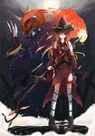  bell blonde_hair detached_sleeves fire hat highres hrd long_hair matches matchstick monster night original pumpkin smile thighhighs witch witch_hat 