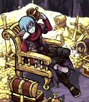 1boy aqua_skin black-framed_eyewear black_pants blue_eyes blue_hair boots brown_boots coin colored_skin commentary_request crossed_legs crown dragon_quest dragon_quest_x figure_four_sitting fins fish_boy flei_rainbow glasses gold_coin hand_on_own_cheek hand_on_own_face head_fins highres holding holding_crown looking_to_the_side male_focus monster_boy pants planted planted_sword red_scarf red_shirt scarf shirt short_hair sitting smile solo sword treasure treasure_chest vase weapon weddie_(dq10) 