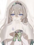  1girl black_hairband bow bowtie buttons closed_mouth collared_shirt curtain_grab curtains double-breasted firefly_(honkai:_star_rail) firefly_(spring_missive)_(honkai:_star_rail) gradient_hair green_bow green_bowtie green_pupils grey_hair grey_sailor_collar hair_between_eyes hair_intakes hair_tubes hairband highres honkai:_star_rail honkai_(series) long_hair multicolored_eyes multicolored_hair naruse_azusa plaid_bow plaid_bowtie plaid_clothes sailor_collar shirt smile solo two-tone_eyes white_shirt 