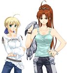  ahoge akari_maki artoria_pendragon_(all) belt blonde_hair bracelet brown_eyes brown_hair chain crossed_arms crossover denim fatal_fury fate/stay_night fate_(series) green_eyes hand_on_hip height_difference jeans jewelry long_hair multiple_girls pants ponytail saber shiranui_mai smile snk tank_top the_king_of_fighters 