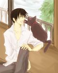  1boy animal black_cat black_hair cat collar darker_than_black hei male male_focus mao mao_(darker_than_black) railing shirt sitting smile solo tree white_shirt window 