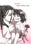  1boy 1girl artist_name black_hair blush carrying carrying_person closed_eyes commentary dated flower fullmetal_alchemist greyscale grin happy_mother&#039;s_day highres holding holding_flower izumi_curtis lin_minaduki mature_female monochrome mother_and_son red_flower red_rose rose short_hair smile spot_color teeth twitter_username wrath_(fma) 