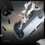  1girl asako_koito car debris destruction gloves grey_eyes grey_hair hat_feather highres holding holding_weapon lying magical_girl mahou_shoujo_madoka_magica mahou_shoujo_oriko_magica medium_hair motor_vehicle solo sonohi210 weapon wind 
