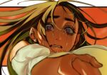  1girl alien_stage artsbyrenji black_hair commentary crying crying_with_eyes_open english_commentary floating_hair highres holding_hands long_hair official_alternate_hair_length official_alternate_hairstyle orange_sky purple_eyes signature sky solo_focus sua_(alien_stage) tears white_sleeves 