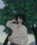  16jichan 1boy :d ^_^ arm_at_side black_hair chitose_senri closed_eyes curly_hair floating_hair from_below grey_sky hand_in_own_hair highres light_blush long_sleeves male_focus midriff_peek muted_color notched_neckline shirt short_hair sky smile solo teeth tennis_no_ouji-sama three-quarter_sleeves tree upper_body white_shirt wind wind_lift 
