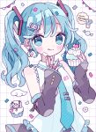  1girl :q bare_shoulders black_sleeves blue_eyes blue_hair blue_necktie blue_shirt blush_stickers character_hair_ornament closed_mouth collared_shirt commentary_request cupcake detached_sleeves ear_piercing earrings food grid_background hair_ornament happy_birthday hatsune_miku highres holding holding_food jewelry long_hair looking_at_viewer nagihoko necktie piercing shirt sleeveless sleeveless_shirt solo tie_clip tongue tongue_out twintails upper_body vocaloid white_background 