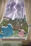  absurdres building cleffa commentary curtains fence from_behind from_inside full_body grass highres jumping lightning looking_outside marill no_humans pillow piyokonoenikki_04 plant pokemon pokemon_(creature) pokemon_focus rain storm symbol-only_commentary utility_pole watermark 
