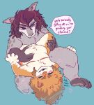 ambiguous_gender anthro bandicoot belly belly_grab bilby blush bullying canid canine claws curly_hair dialogue dominant dominant_female duo emanata english_text eyes_closed felid feline female female/ambiguous hair hi_res hybrid leg_grab mammal marsupial mastectomy_scar mature_female on_lap overweight overweight_female scar sitting snaggle_tooth speech_bubble spud_(squishysheepie) squishysheepie teasing text thigh_grab tired_eyes trans_(lore) upside_down visibly_trans vivian_(squishysheepie)