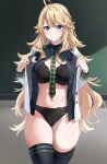 1girl ahoge black_bra black_panties black_ribbon black_shirt black_thighhighs blonde_hair blush bra braid breasts buttons chalkboard classroom closed_mouth collared_shirt commentary_request commission cowboy_shot floral_print fuooooo green_necktie groin hair_between_eyes hair_ornament hair_ribbon hairclip half_up_braid hands_up highres indoors jacket large_breasts long_hair long_sleeves looking_at_viewer navel necktie nervous_smile nijisanji no_pants open_clothes open_jacket open_shirt panties pixiv_commission plaid_clothes plaid_necktie print_bra print_panties purple_eyes raised_eyebrows ribbon school_uniform selene_girls_school_uniform shirt smile solo standing stomach sweat thighhighs todo_kohaku todo_kohaku_(1st_costume) two-tone_ribbon underwear undressing very_long_hair virtual_youtuber wavy_hair white_jacket white_ribbon 