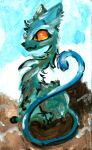 2015 ambiguous_gender blue_body blue_fur blue_tail detailed_background domestic_cat felid feline felis feral fur gouache_(artwork) hi_res mammal naircat orange_sclera painting_(artwork) rock smile solo tail teal_body teal_fur traditional_media_(artwork) traditional_painting_(artwork)