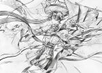  1boy armor belt blunt_ends bodysuit bosonn_13 bow bridal_gauntlets cape cowboy_shot feathers fingernails furisode gem genshin_impact graphite_(medium) greyscale hand_on_own_chest hands_up hat highres hip_vent japanese_armor japanese_clothes jingasa kimono kote layered_sleeves looking_to_the_side male_focus mandarin_collar middle_ring monochrome open_clothes open_hand open_kimono open_mouth pleated_shorts pom_pom_(clothes) rope sash scaramouche_(genshin_impact) short_sleeves shorts shoulder_peek sideways_mouth sketch solo tassel traditional_media twitter_username vision_(genshin_impact) wanderer_(genshin_impact) wispy_bangs 