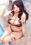  1girl absurdres bare_shoulders bikini blue_eyes blush bracelet breasts brown_hair choker cleavage fate/grand_order fate_(series) forehead gold_trim highres jewelry kisaragi_tsurugi large_breasts leonardo_da_vinci_(fate) long_hair looking_at_viewer navel open_mouth parted_bangs ponytail pool poolside red_bikini sidelocks smile solo swimsuit thighlet wet 