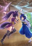  2girls absurdres animal_ear_fluff animal_ears blue_hair blue_hakama brown_eyes butterfly_hair_ornament commentary_request cropped dual_wielding emphasis_lines fishnets green_eyes grey_thighhighs hair_between_eyes hair_ornament hakama hakama_pants highres hip_vent holding holding_sheath holding_sword holding_weapon indoors iroha_(iroha_matsurika) japanese_clothes katana kimono kunoichi-chan_(iroha_(iroha_matsurika)) lightning long_hair long_sleeves miko multiple_girls ninja no_shoes obi original pants pelvic_curtain ponytail purple_hair ribbon-trimmed_sleeves ribbon_trim sarashi sash sheath sleeveless sleeveless_kimono socks sword tabi tail thighhighs unsheathed very_long_hair weapon white_kimono white_socks wide_sleeves wolf_ears wolf_girl wolf_tail wooden_floor 