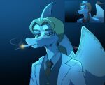 absurd_res anthro artist_name biped blonde_hair blue_theme brown_eyes bust_portrait cavemanon_studios cigarette cigarette_in_mouth clothed clothed_anthro clothed_male clothing colored frown gradient_background hair half-closed_eyes hi_res i_wani_hug_that_gator iadakan long_hair looking_aside looking_down male marilyn-toxic narrowed_eyes necktie object_in_mouth ponytail portrait prehistoric_species pterodactylus pterosaur reference_image reptile scales scalie serious serious_face simple_background smoke smoking smoking_cigarette solo suit_jacket tan_body tan_scales text wings